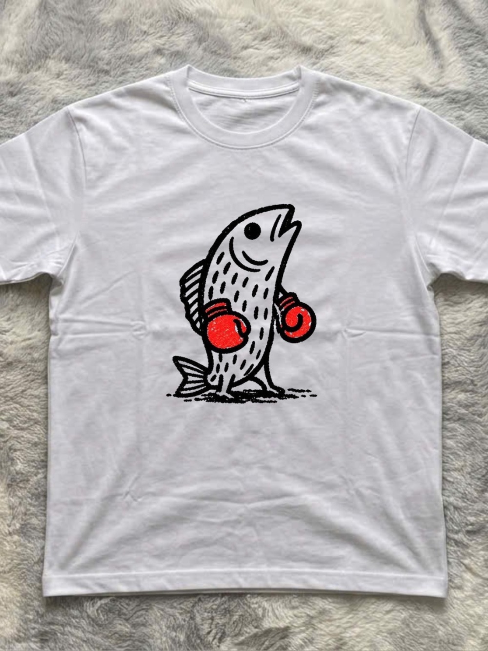 Gildan White Tee with Black Fish Graphic and Red Boxing Gloves